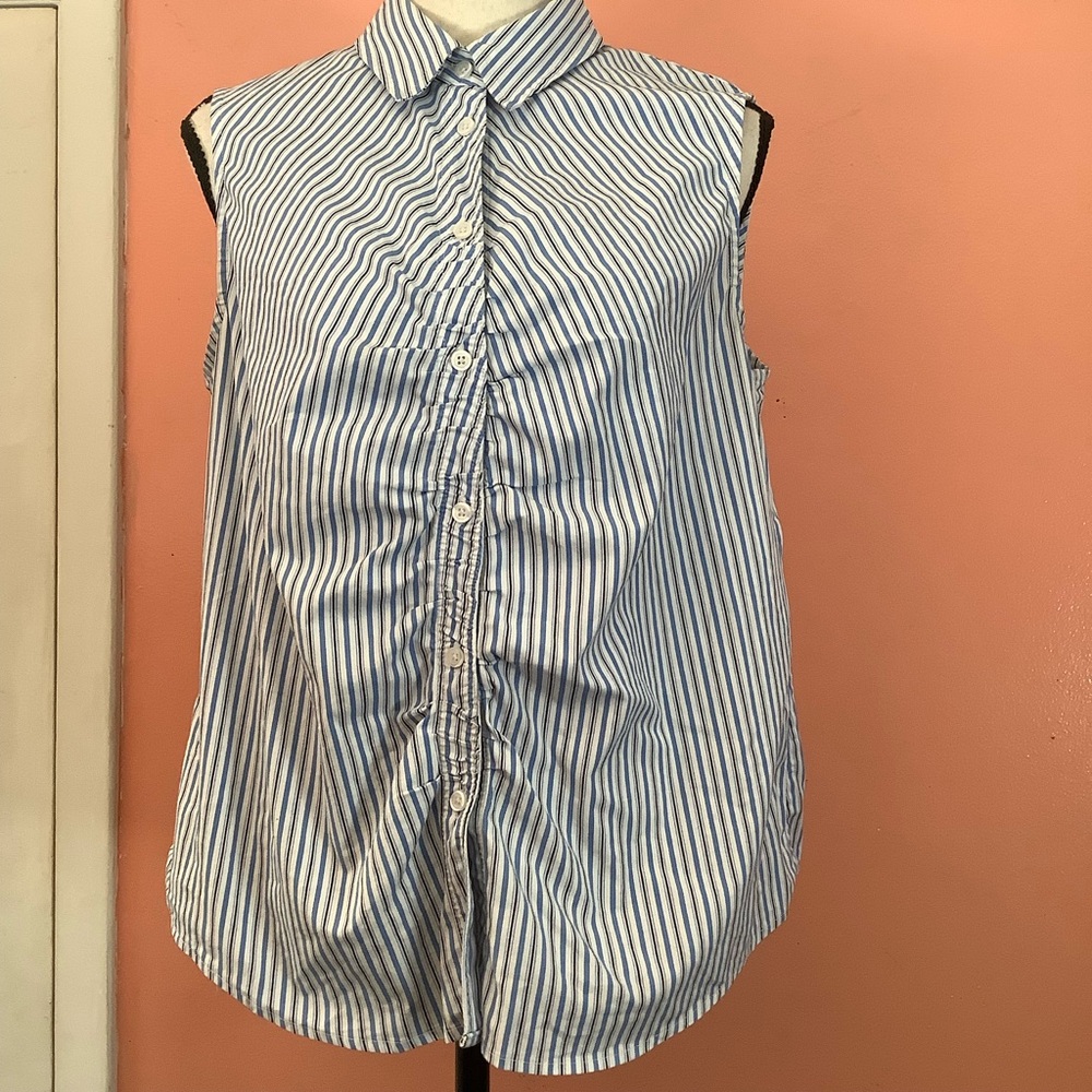 Anne Klein Button Up Shirt Women’s Size 14  Blue White Striped Sleeveless Cotton